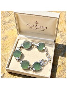 Sea Glass Bracelet - Hammered Silver Adjustable Artisan Coastal 7.5"